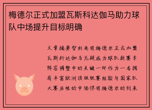 梅德尔正式加盟瓦斯科达伽马助力球队中场提升目标明确